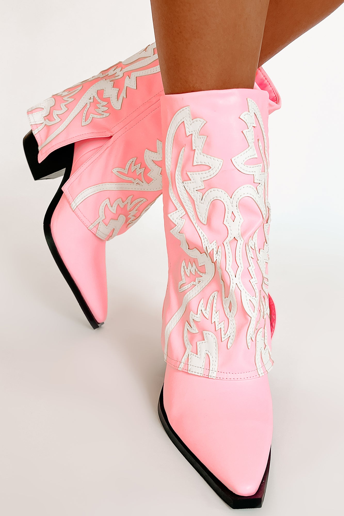 Esperanza Western Stitch Fold-Over Boots (Light Pink) - NanaMacs