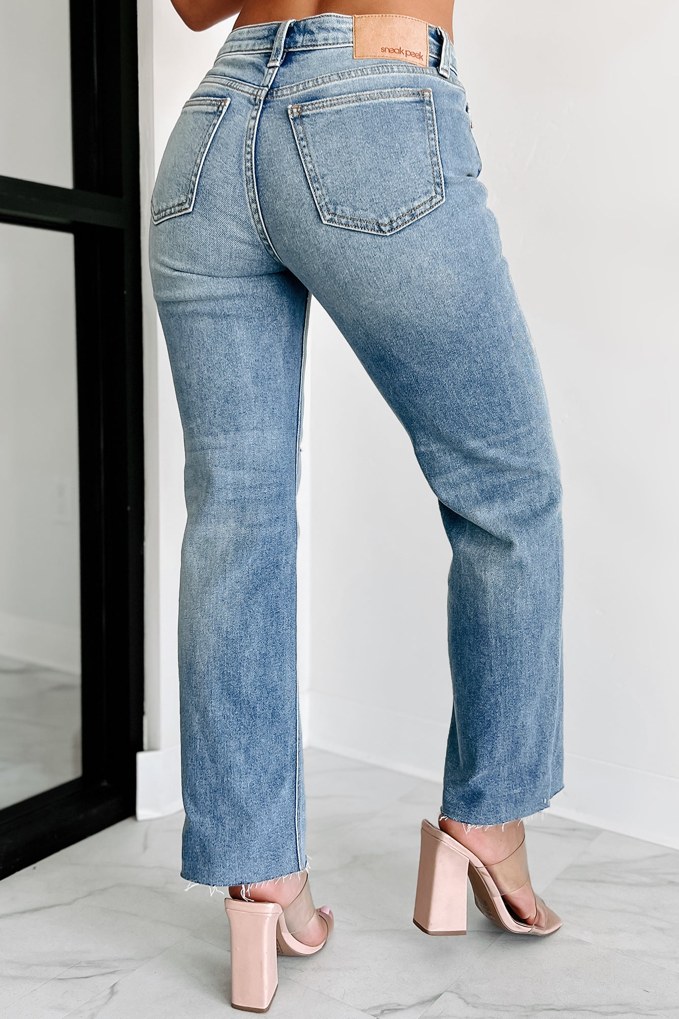 Doorbuster Keep My Composure Distressed Sneak Peek Straight Leg Jeans (Medium Light) - NanaMacs