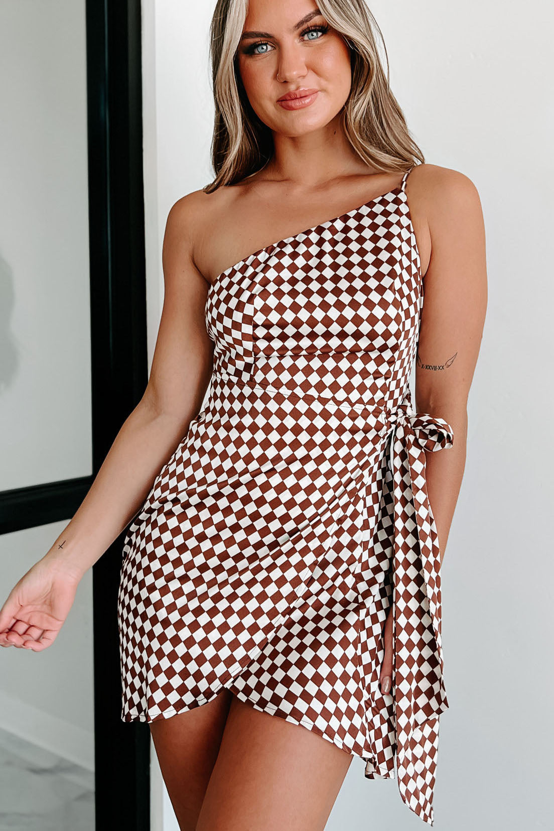 Calculated Moves One Shoulder Tie-Wrap Checker Dress (Brown) - NanaMacs