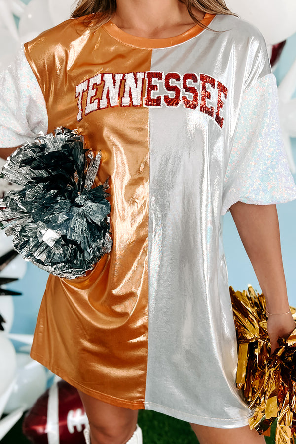 Good Old Rocky Top Metallic/Sequin T-Shirt Dress (Orange/White) - NanaMacs