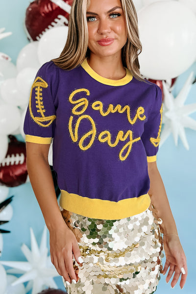 Headed To The Stadium Fuzzy Metallic Graphic Sweater (Purple/Gold) - NanaMacs