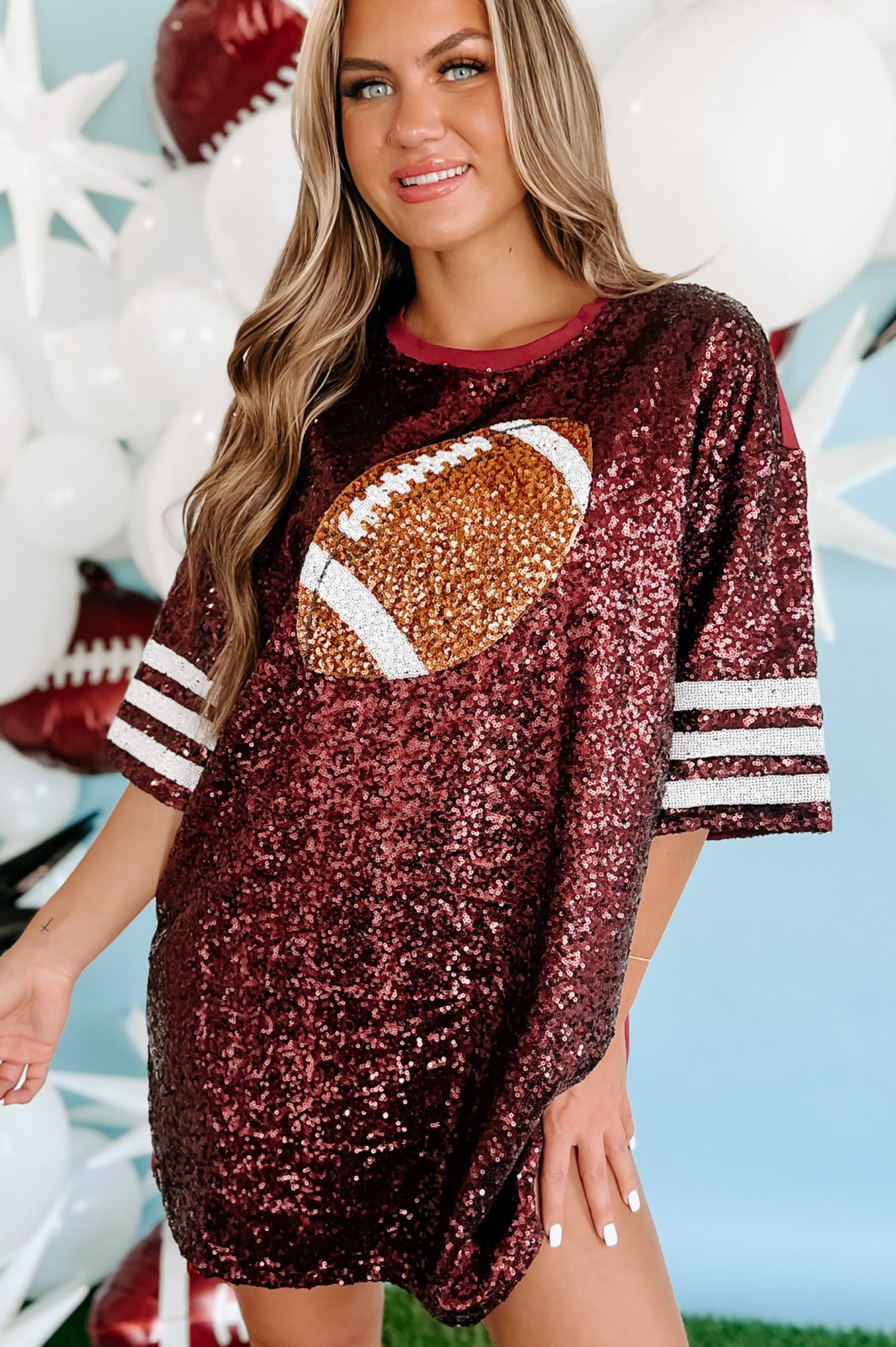 Football Obsessed Sequin T-Shirt Dress (Maroon)