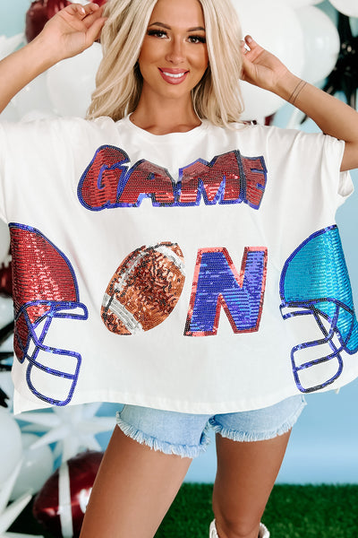 "Game On" Oversized Sequin Graphic Top (White) - NanaMacs