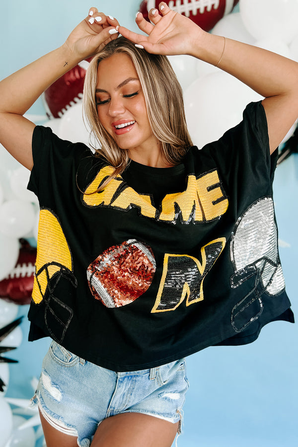 "Game On" Oversized Sequin Graphic Top (Black) - NanaMacs