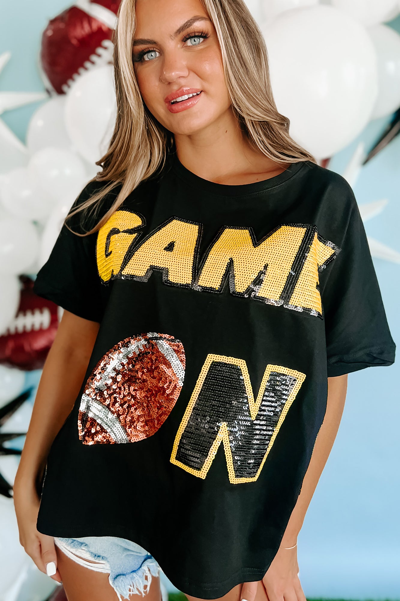 "Game On" Oversized Sequin Graphic Top (Black) - NanaMacs