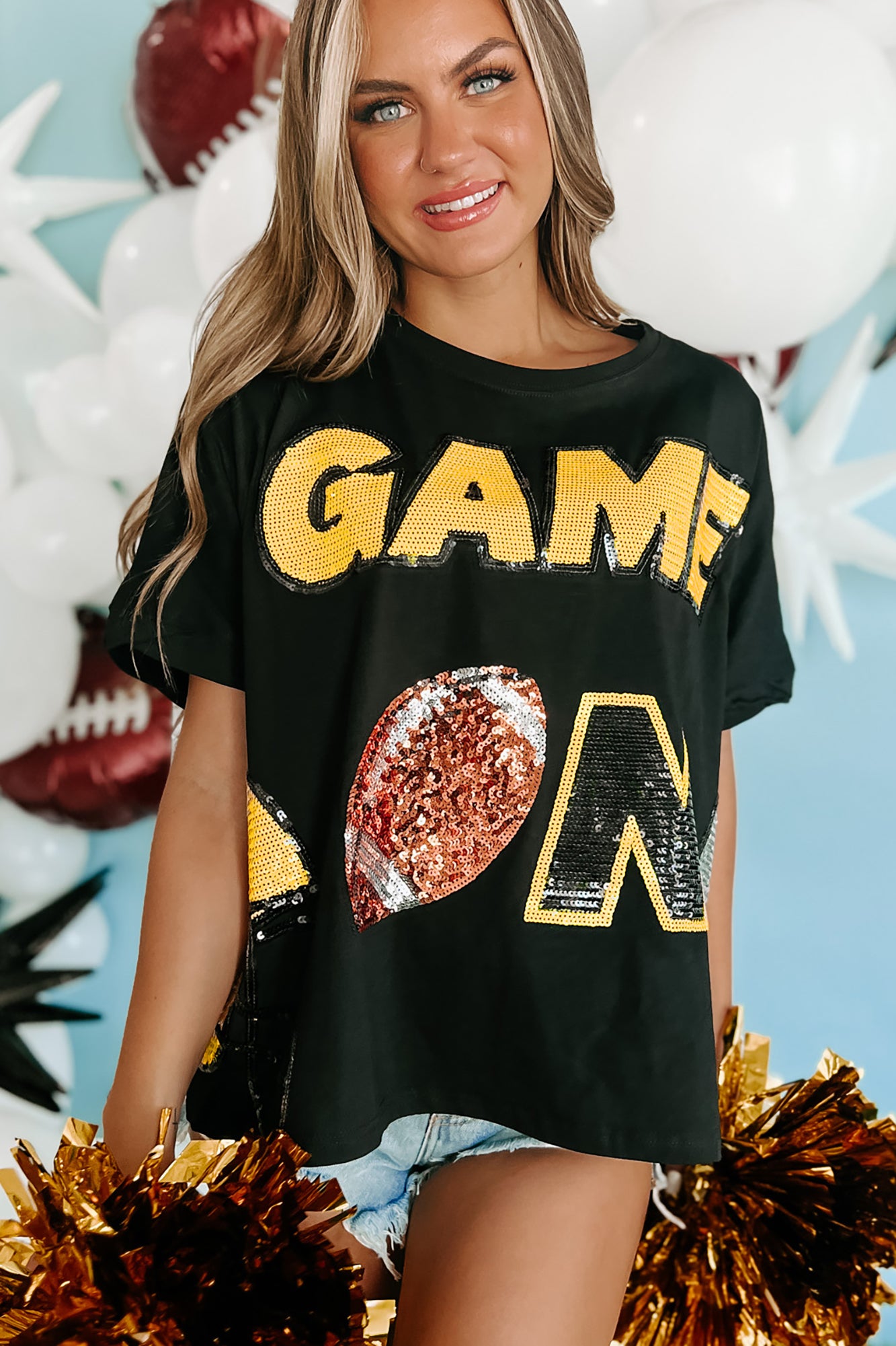 Black Oversized Game Day Sequin Gold Football Tee