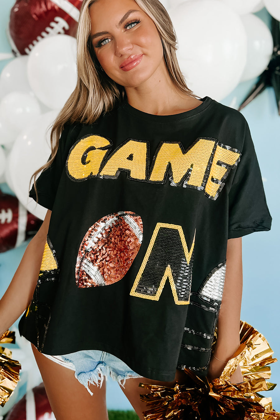 "Game On" Oversized Sequin Graphic Top (Black) - NanaMacs