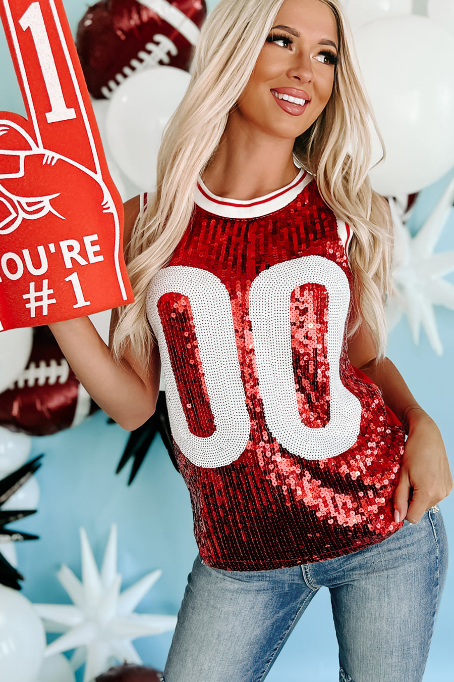 Get Your Head In The Game Sequin Tank Top (Red/White) - NanaMacs