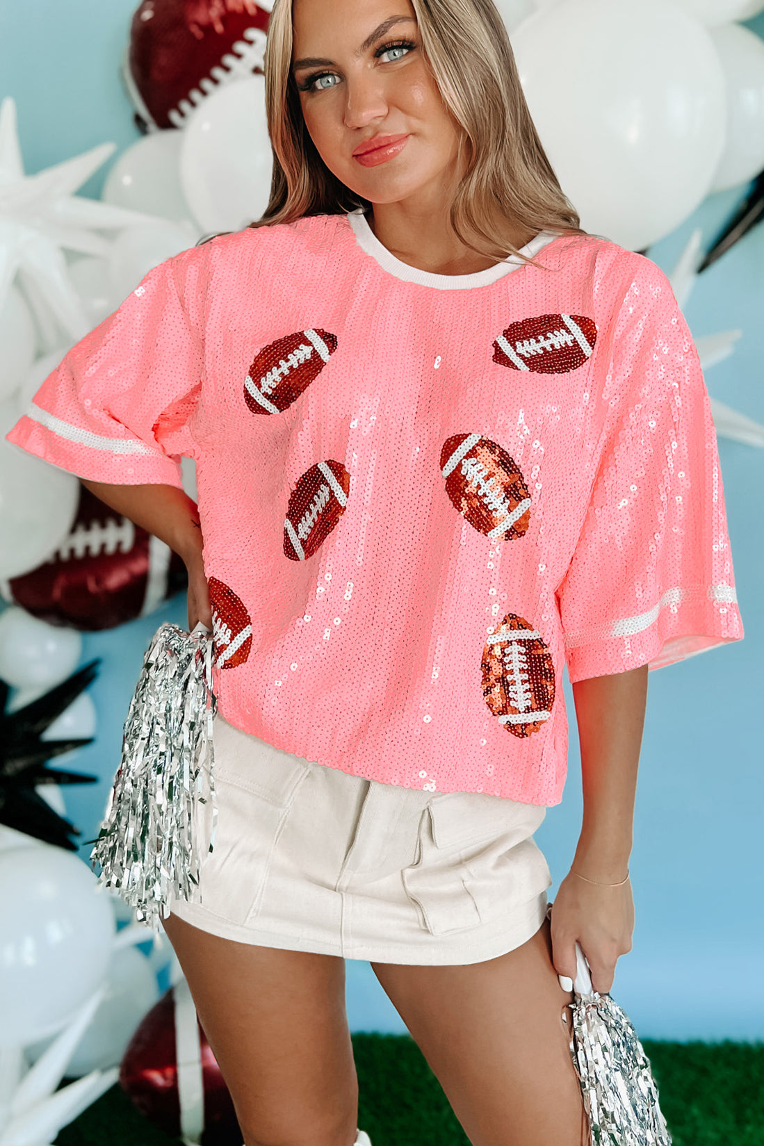 From The Sidelines Oversized Sequin Football Top (Pink) - NanaMacs