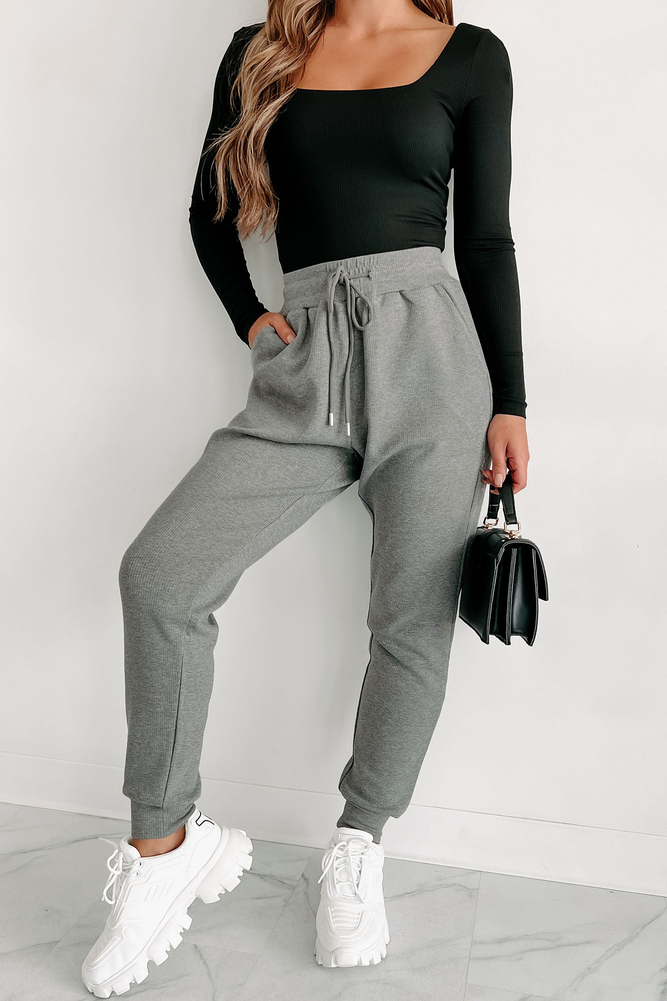 Simple Comforts Drawstring Waist Knit Joggers (Heather Grey) - NanaMacs