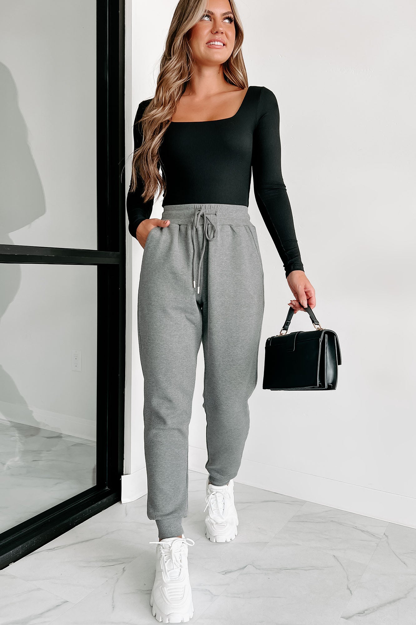 Simple Comforts Drawstring Waist Knit Joggers (Heather Grey) - NanaMacs