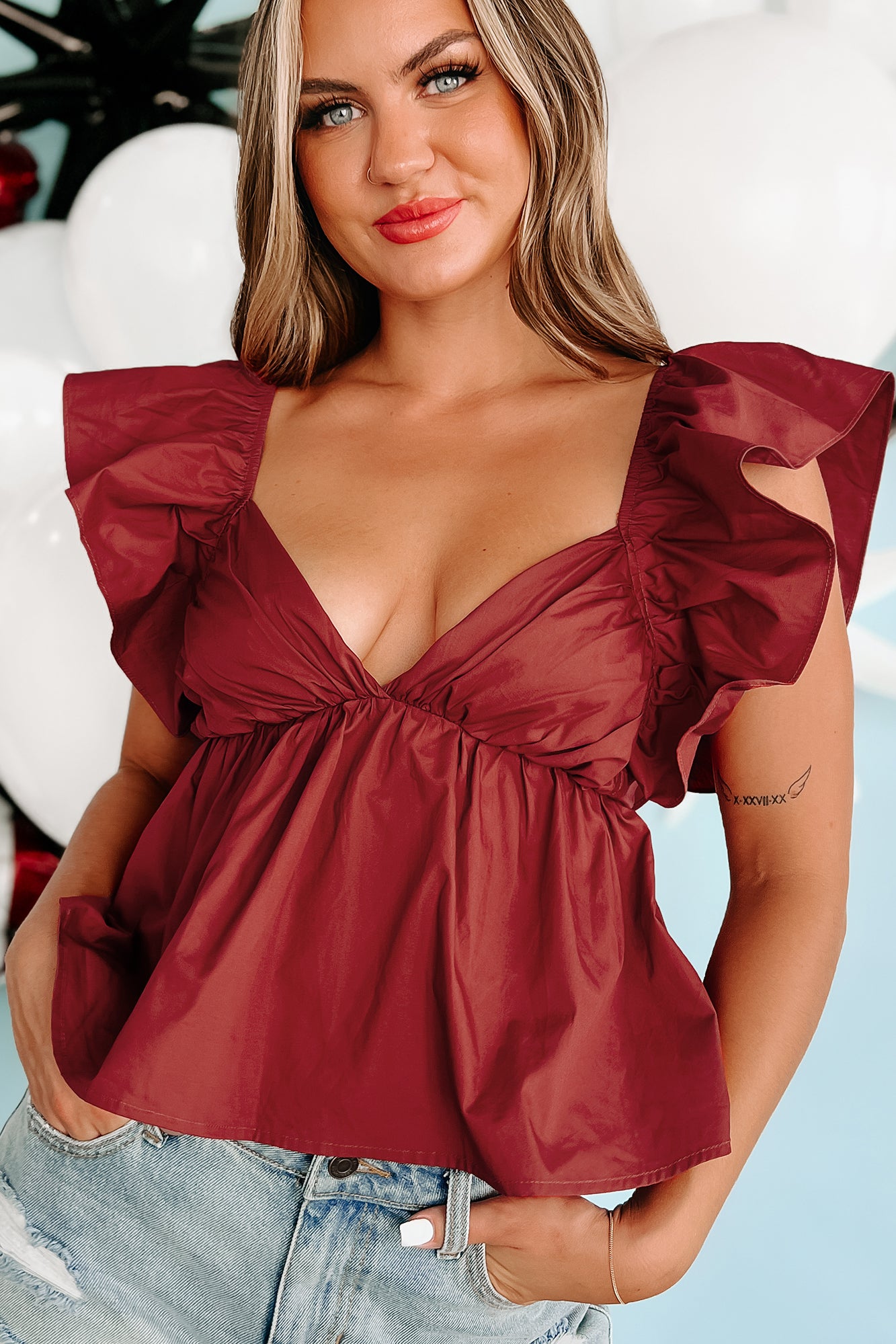 Flirty Nature Ruffle Sleeve Babydoll Top (Maroon) - NanaMacs