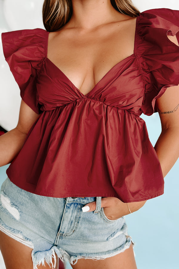 Flirty Nature Ruffle Sleeve Babydoll Top (Maroon) - NanaMacs