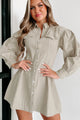 Pressure To Succeed Rhinestone Button Shirt Dress (Oyster Gray) - NanaMacs