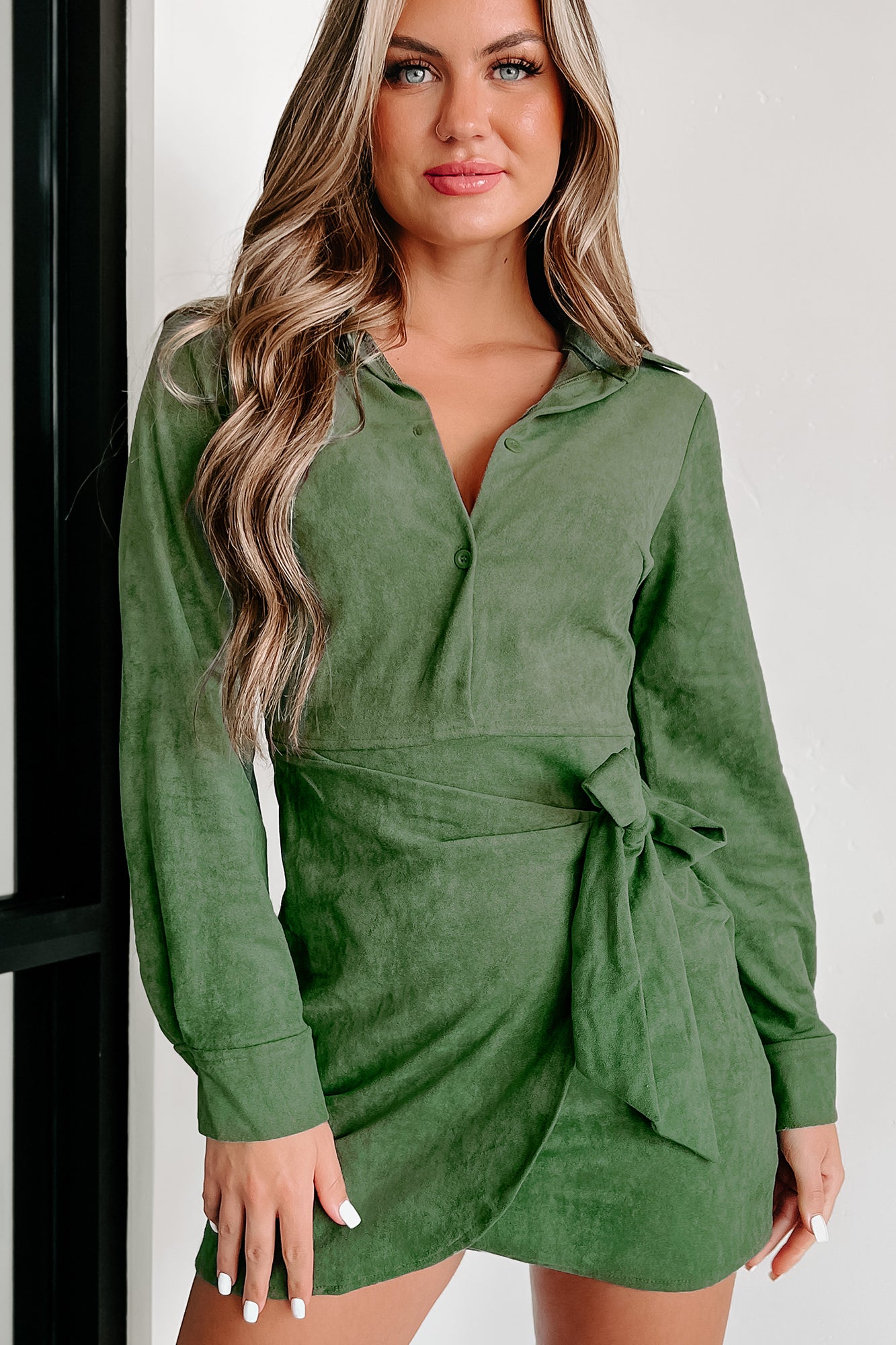 Forgot You Existed Faux Suede Wrap Dress (Green) - NanaMacs
