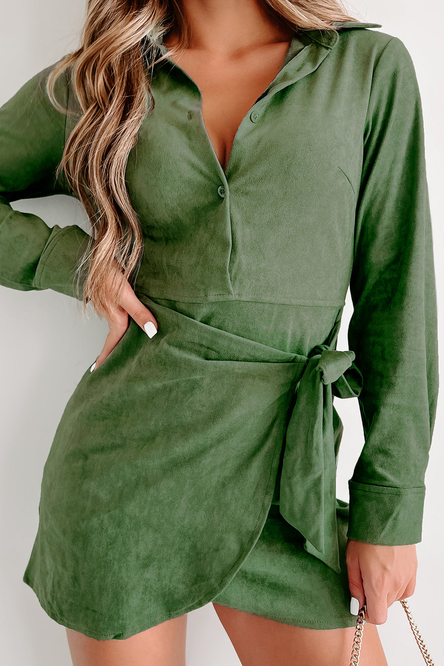 Forgot You Existed Faux Suede Wrap Dress (Green) - NanaMacs