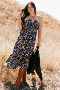 Purpose Driven Printed Halter Midi Dress (Navy/Clay) - NanaMacs