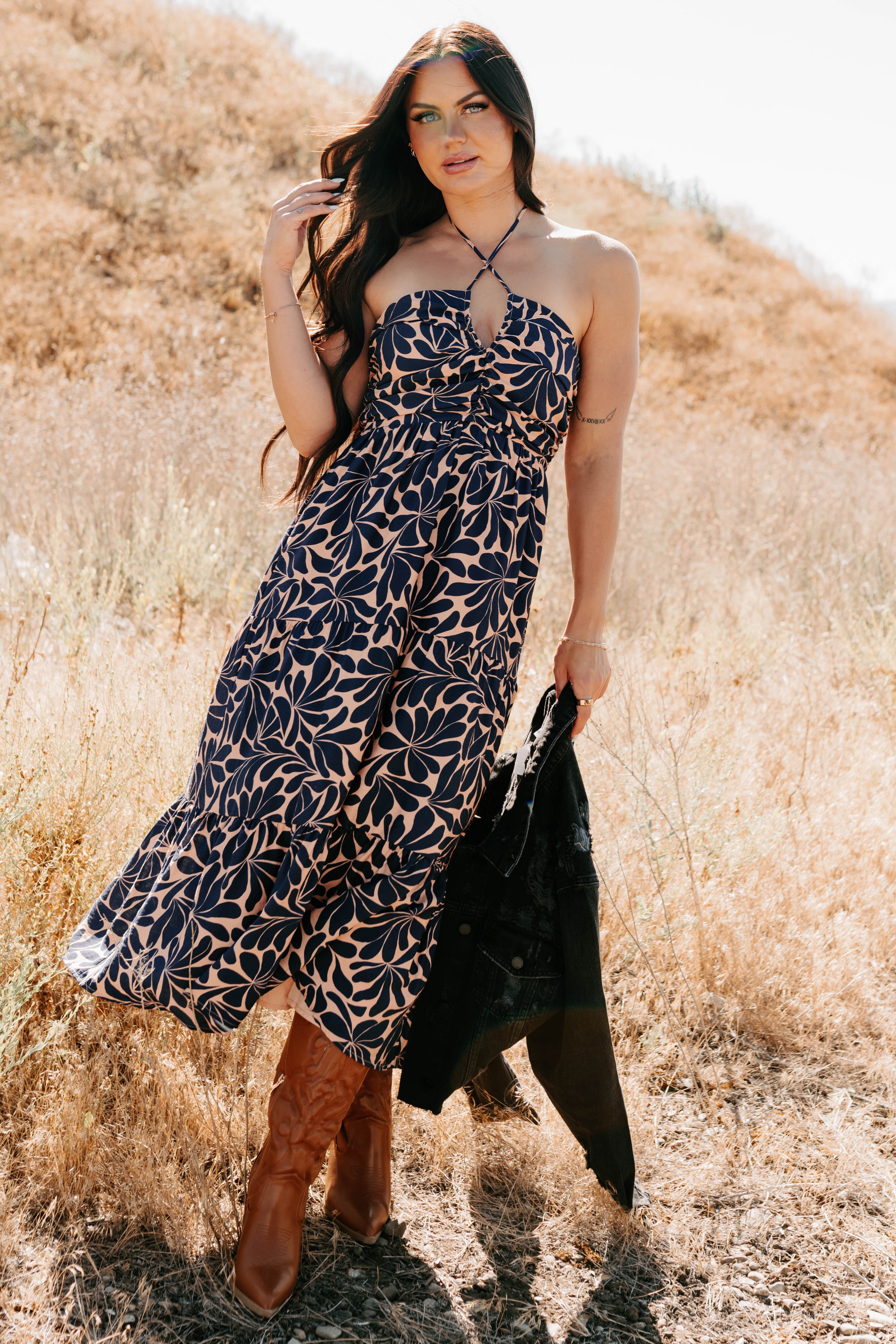 Purpose Driven Printed Halter Midi Dress (Navy/Clay) - NanaMacs