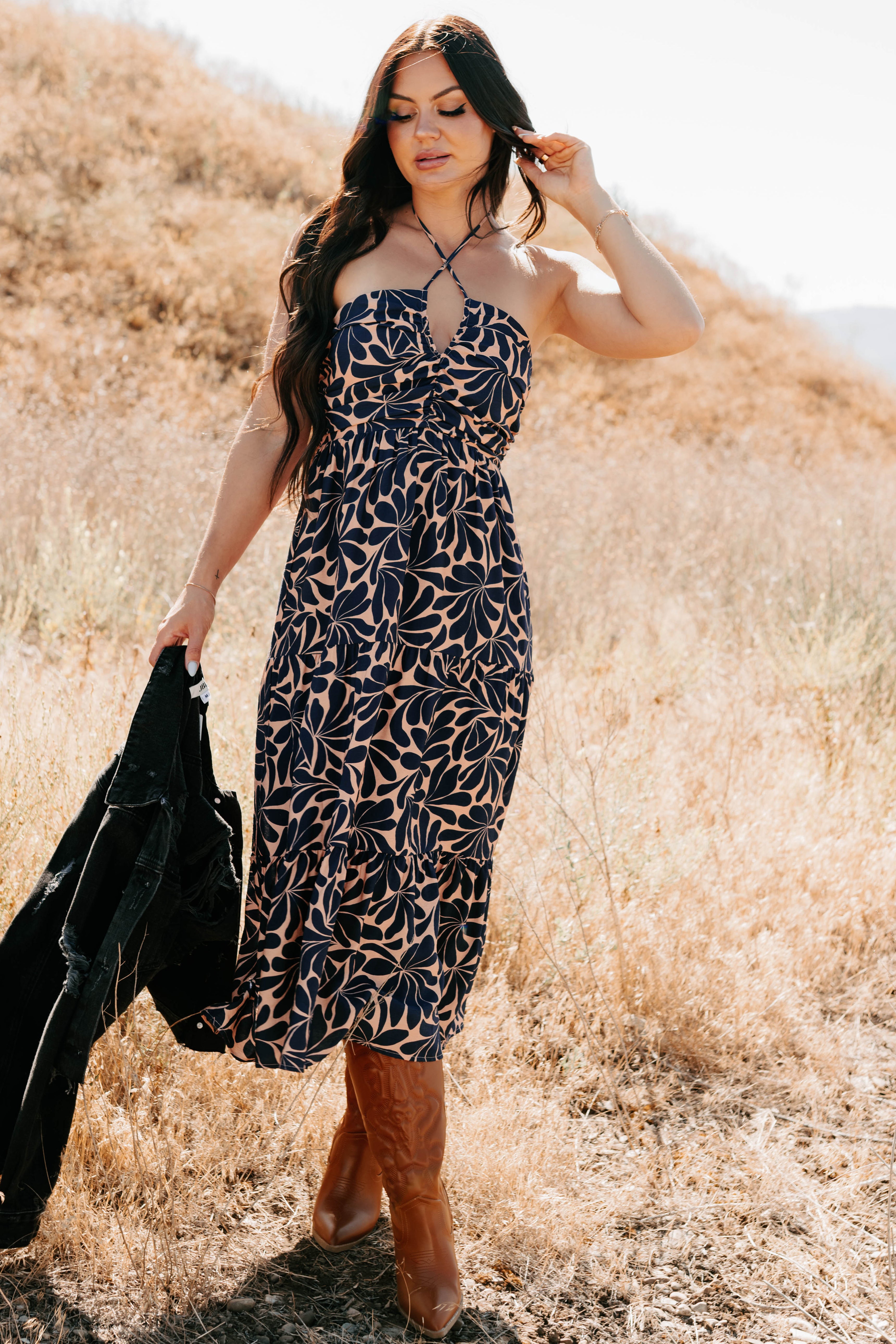 Purpose Driven Printed Halter Midi Dress (Navy/Clay) - NanaMacs