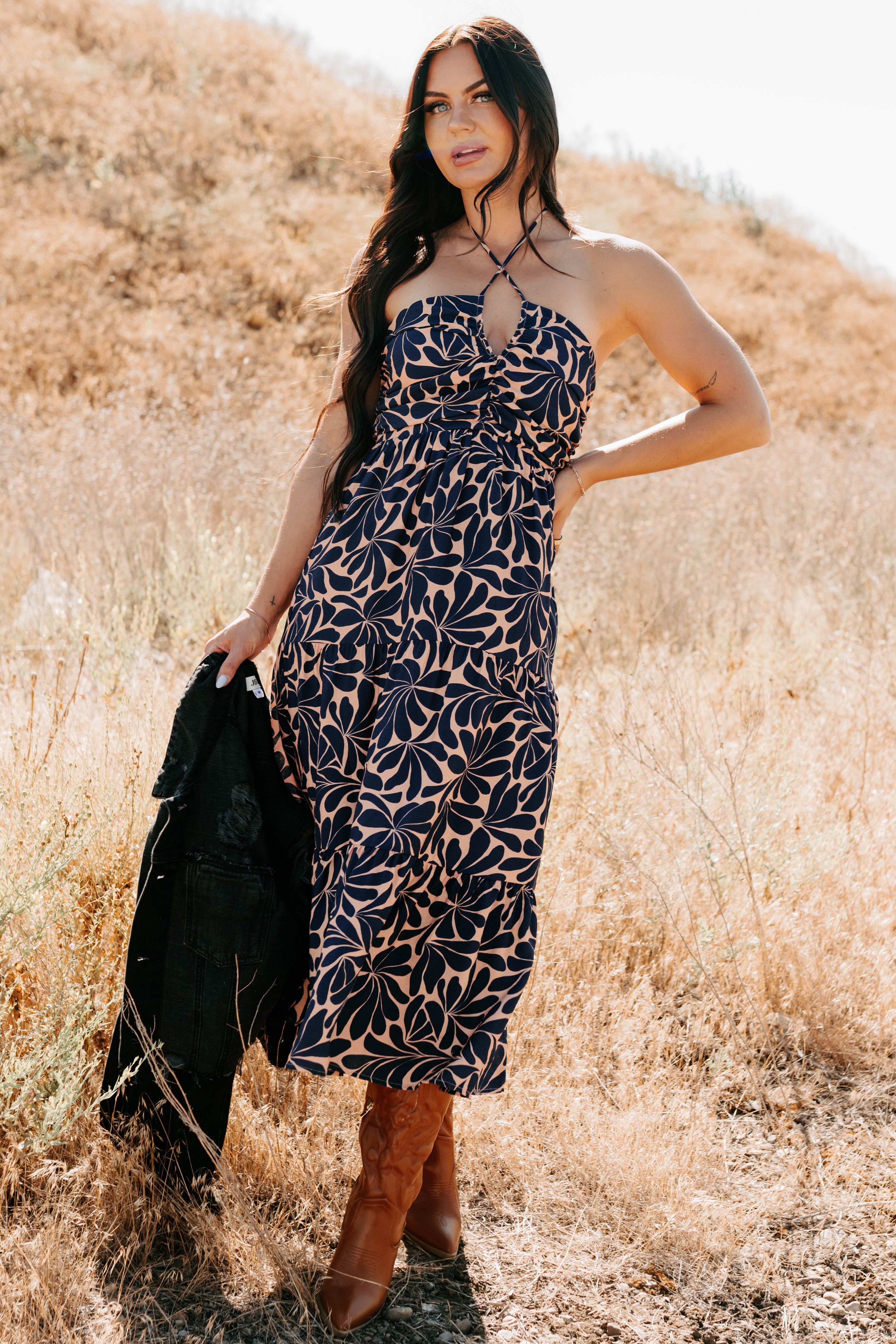 Purpose Driven Printed Halter Midi Dress (Navy/Clay) - NanaMacs