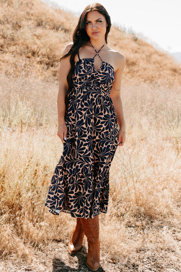 Purpose Driven Printed Halter Midi Dress (Navy/Clay) - NanaMacs