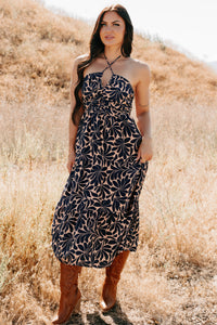Purpose Driven Printed Halter Midi Dress (Navy/Clay) - NanaMacs