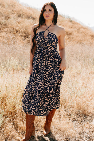 Purpose Driven Printed Halter Midi Dress (Navy/Clay) - NanaMacs