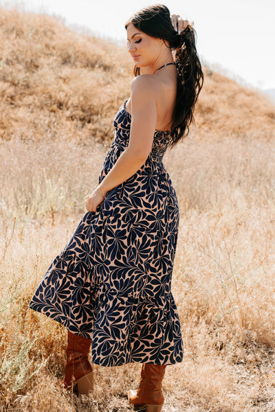 Purpose Driven Printed Halter Midi Dress (Navy/Clay) - NanaMacs