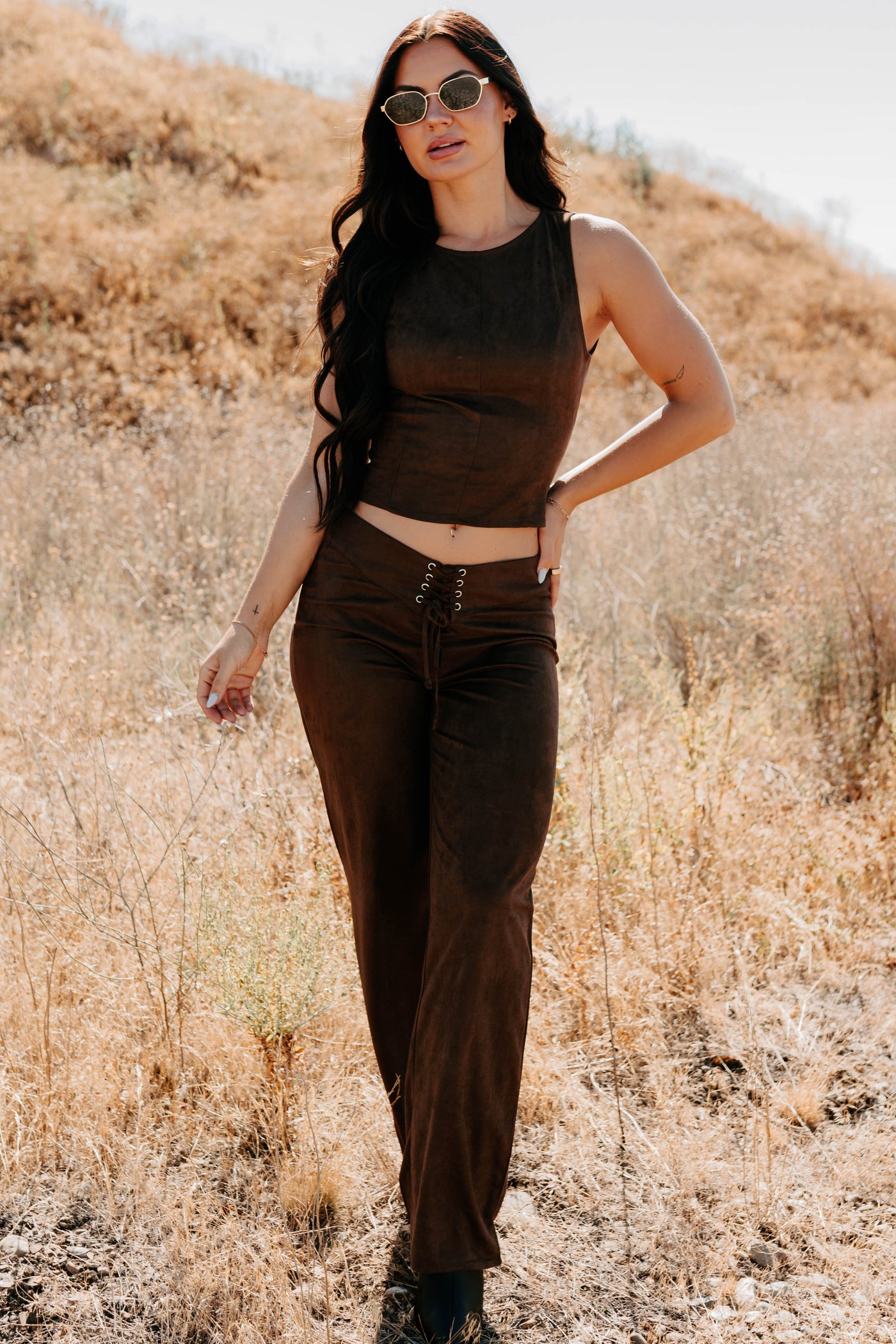 Unmatched Charm Lace-Up Suede Pants (Brown) - NanaMacs