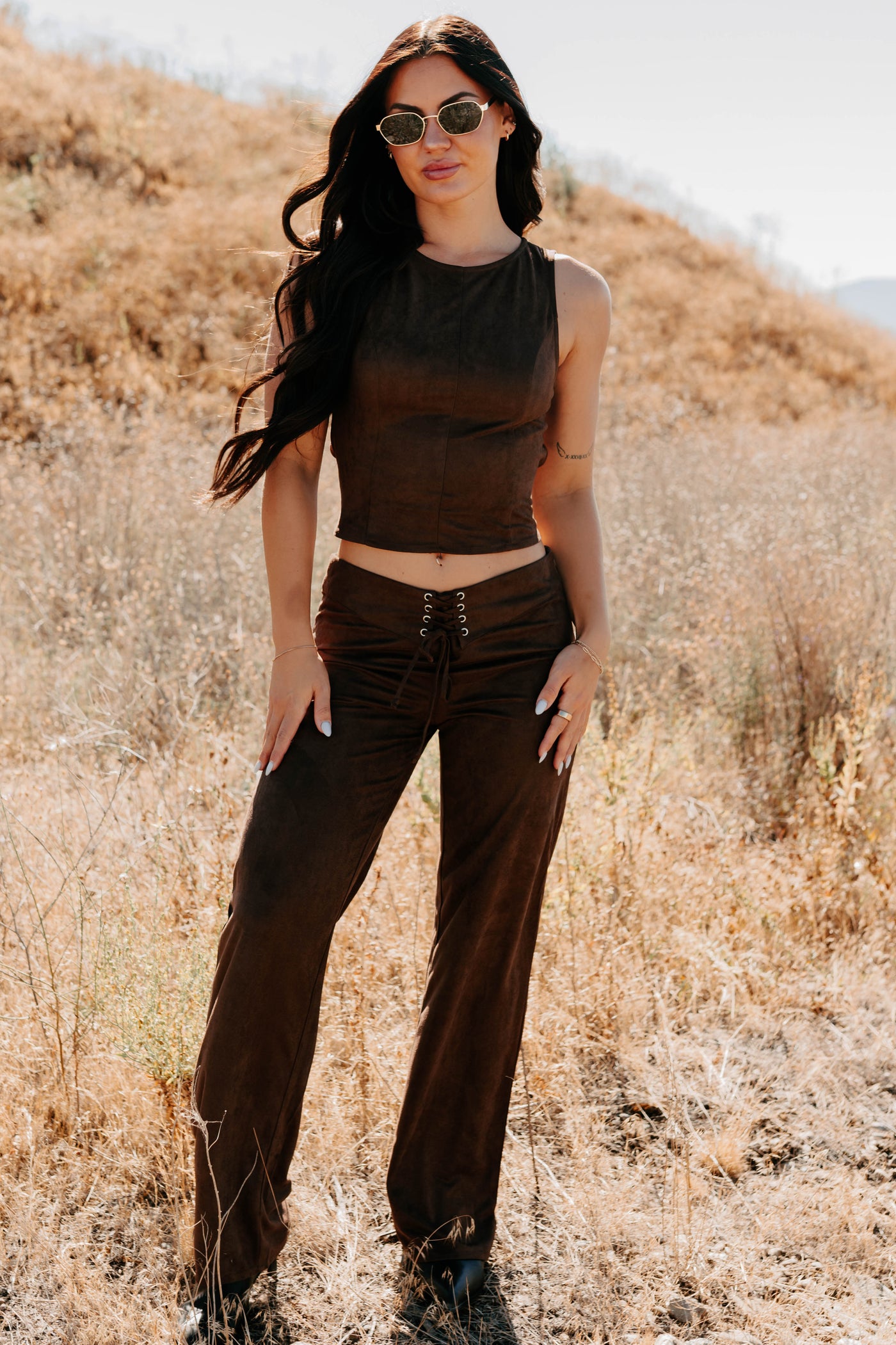 Unmatched Charm Lace-Up Suede Pants (Brown) - NanaMacs