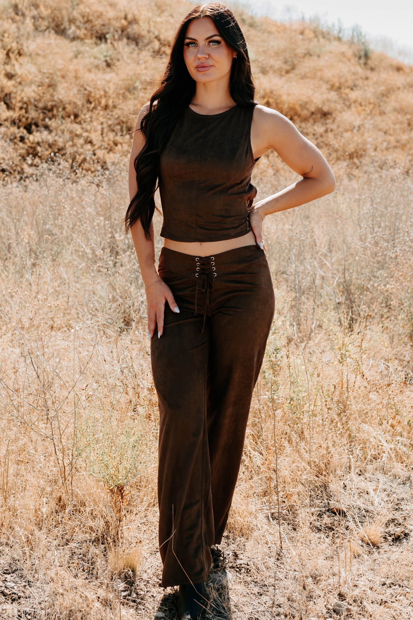 Unmatched Charm Lace-Up Suede Pants (Brown) - NanaMacs