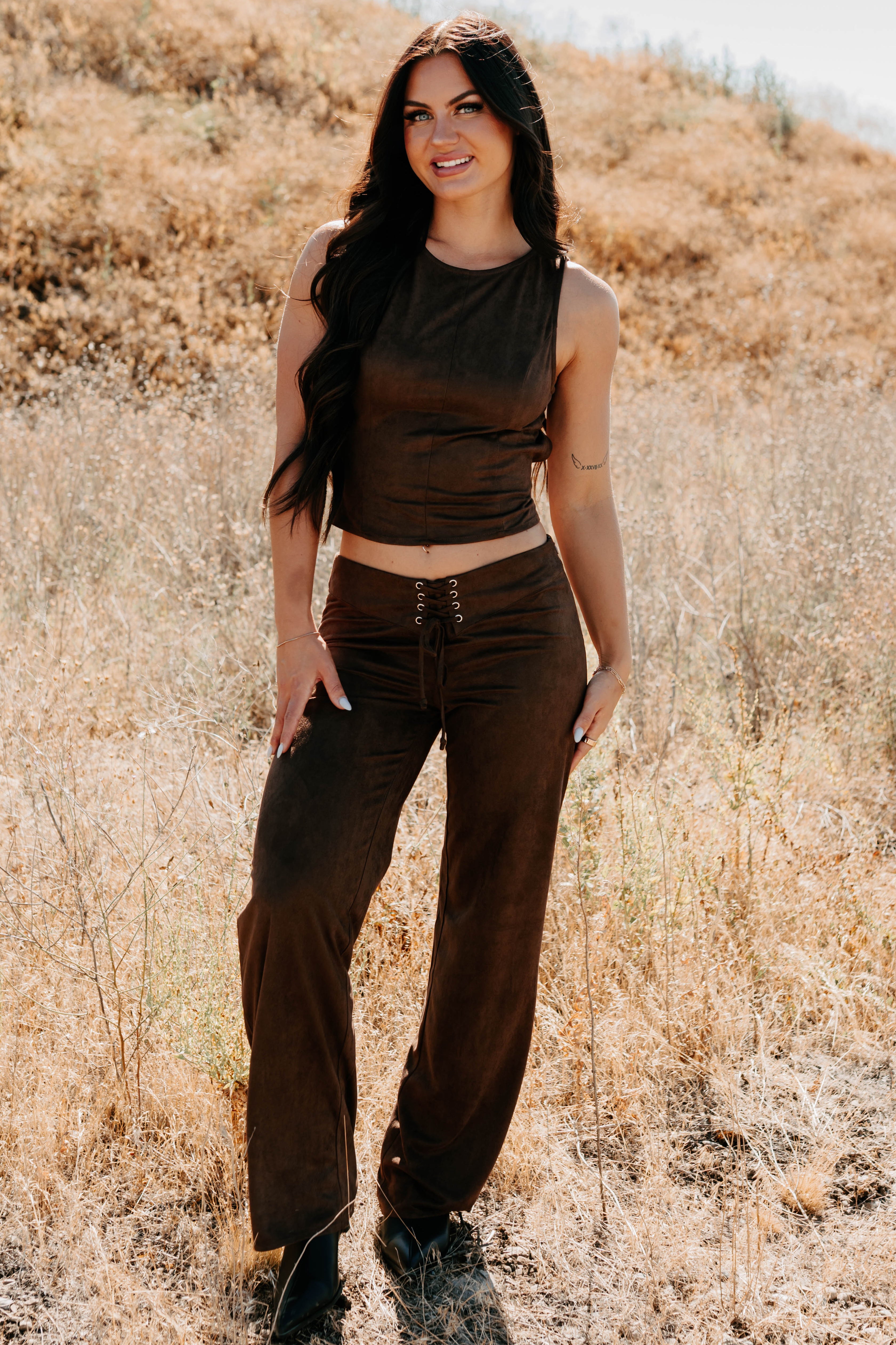 Unmatched Charm Lace-Up Suede Pants (Brown) - NanaMacs