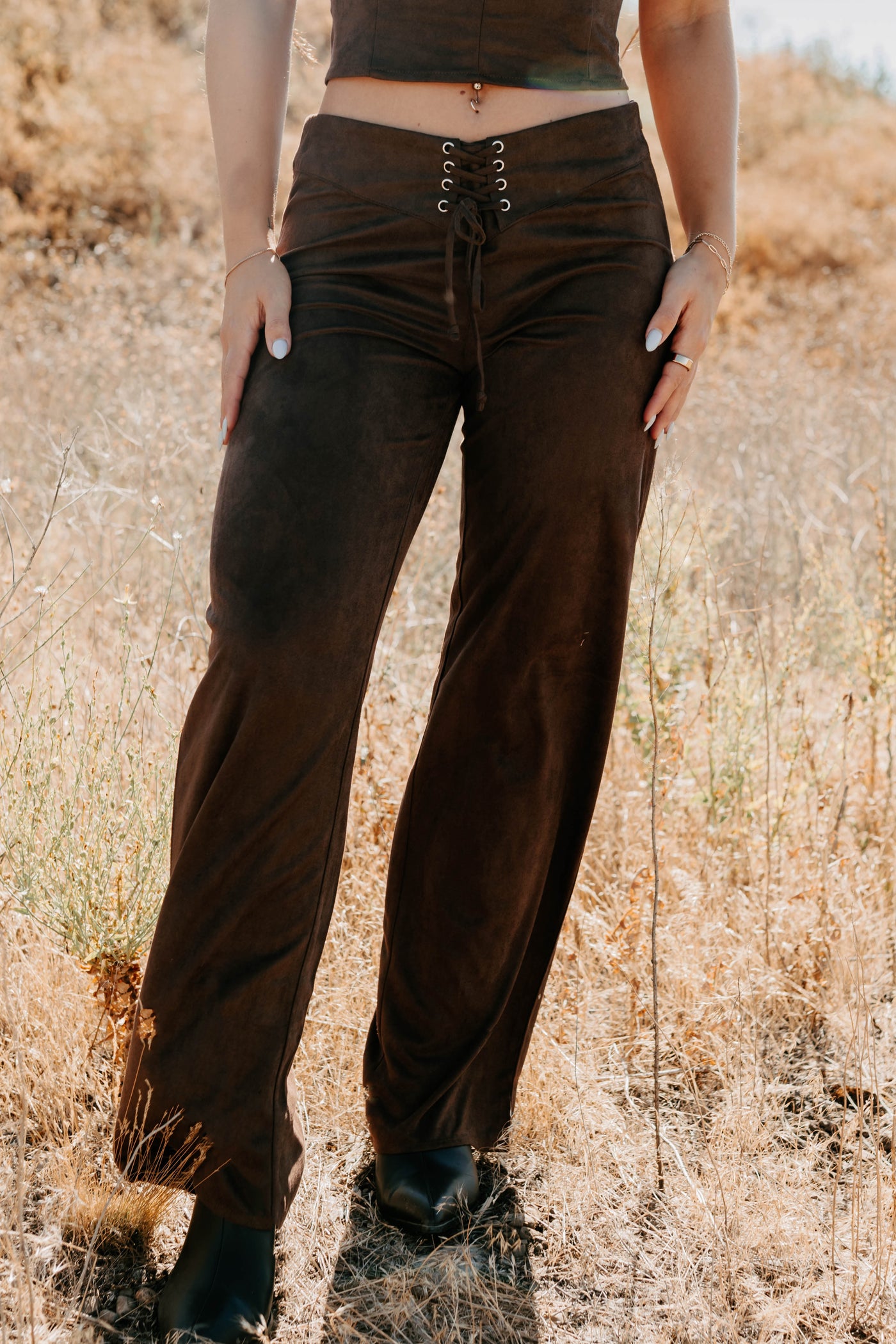 Unmatched Charm Lace-Up Suede Pants (Brown) - NanaMacs