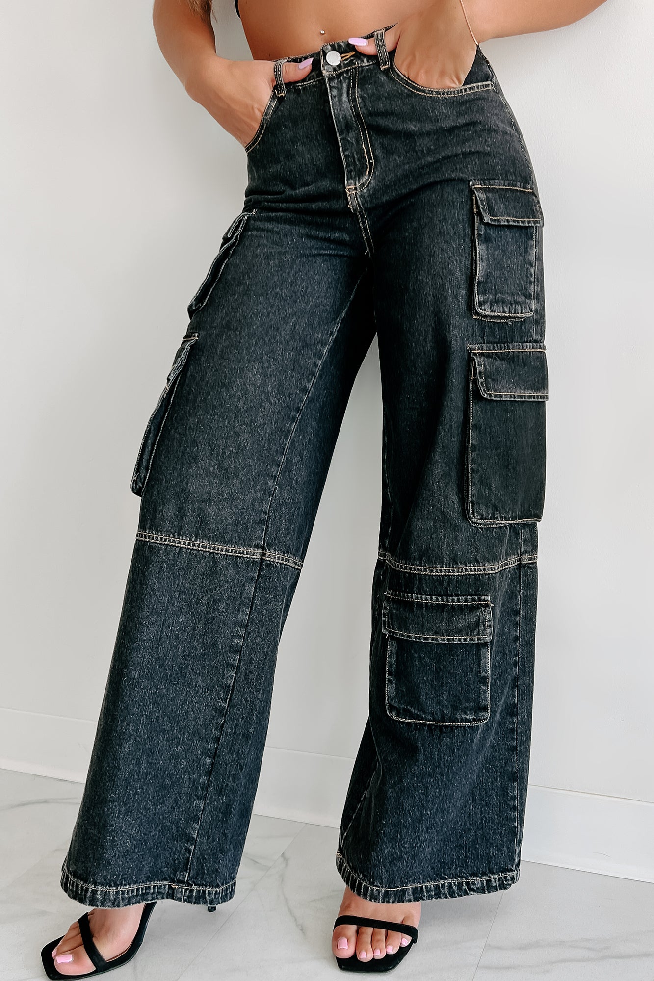 Antonella High Rise Wide Leg Cargo Jeans (Black) · NanaMacs