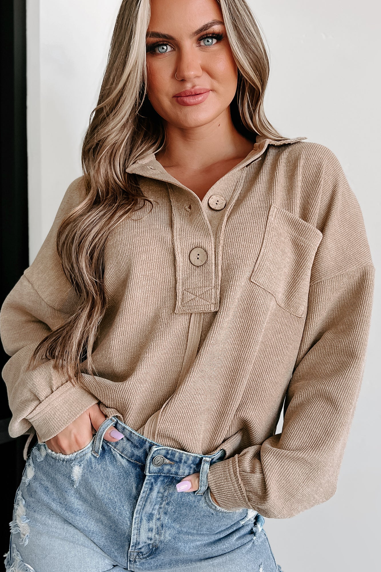 Taking My Turn Collared Henley Sweater (Mocha) - NanaMacs