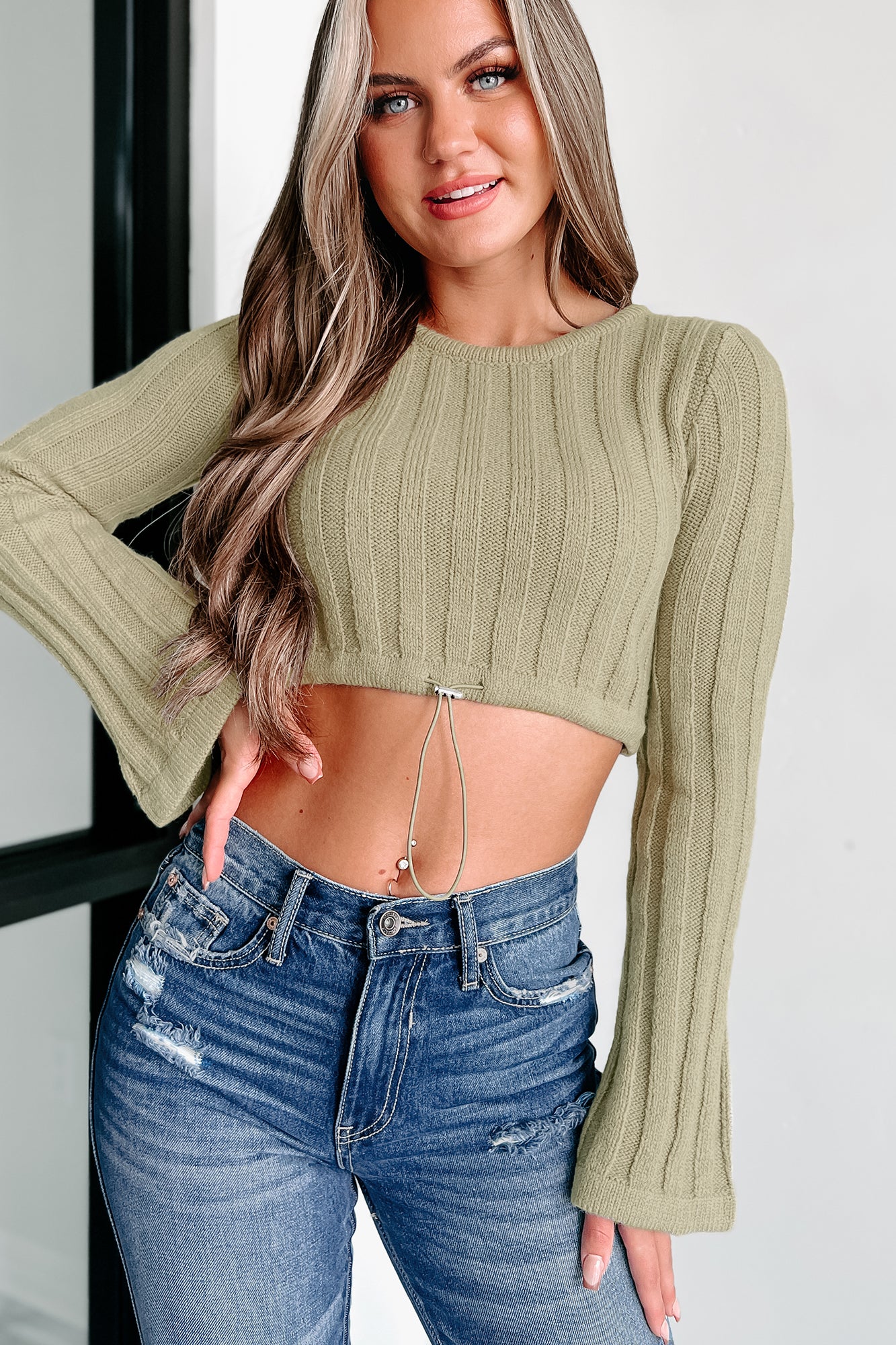 Look At Us Now Cropped Drawstring Sweater (Light Olive) - NanaMacs