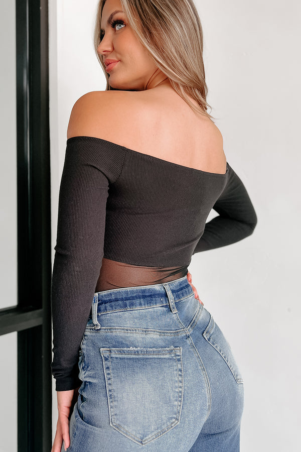 Every Other Memory Off The Shoulder Contrast Mesh Bodysuit (Black) - NanaMacs