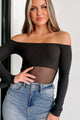 Every Other Memory Off The Shoulder Contrast Mesh Bodysuit (Black) - NanaMacs