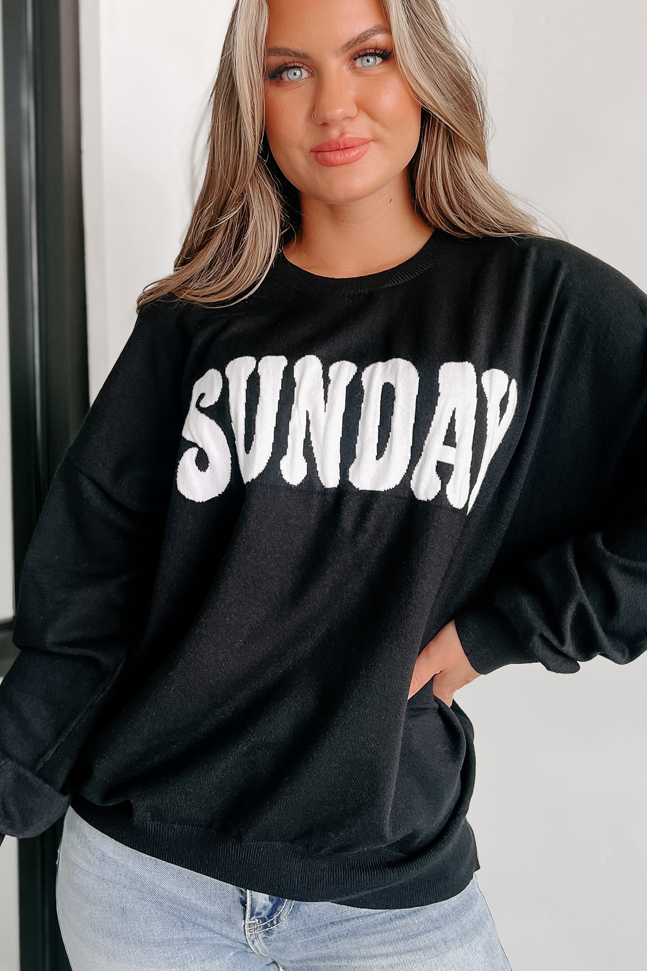 Sunday Salutations Lightweight Graphic Sweater (Black) - NanaMacs