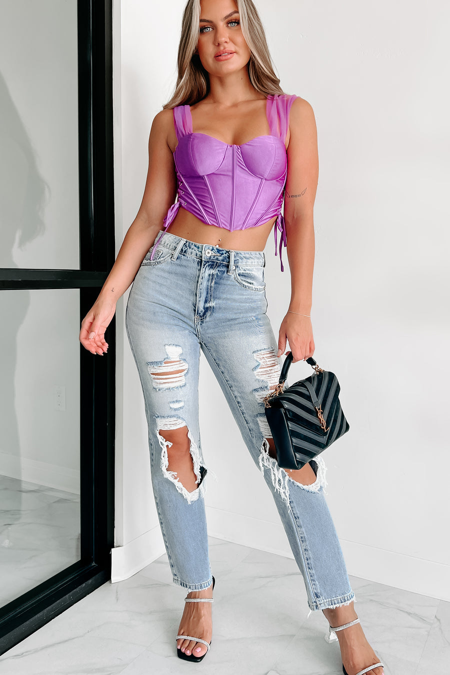 Easily Charmed Off The Shoulder Lace-Up Corset Top (Purple) - NanaMacs