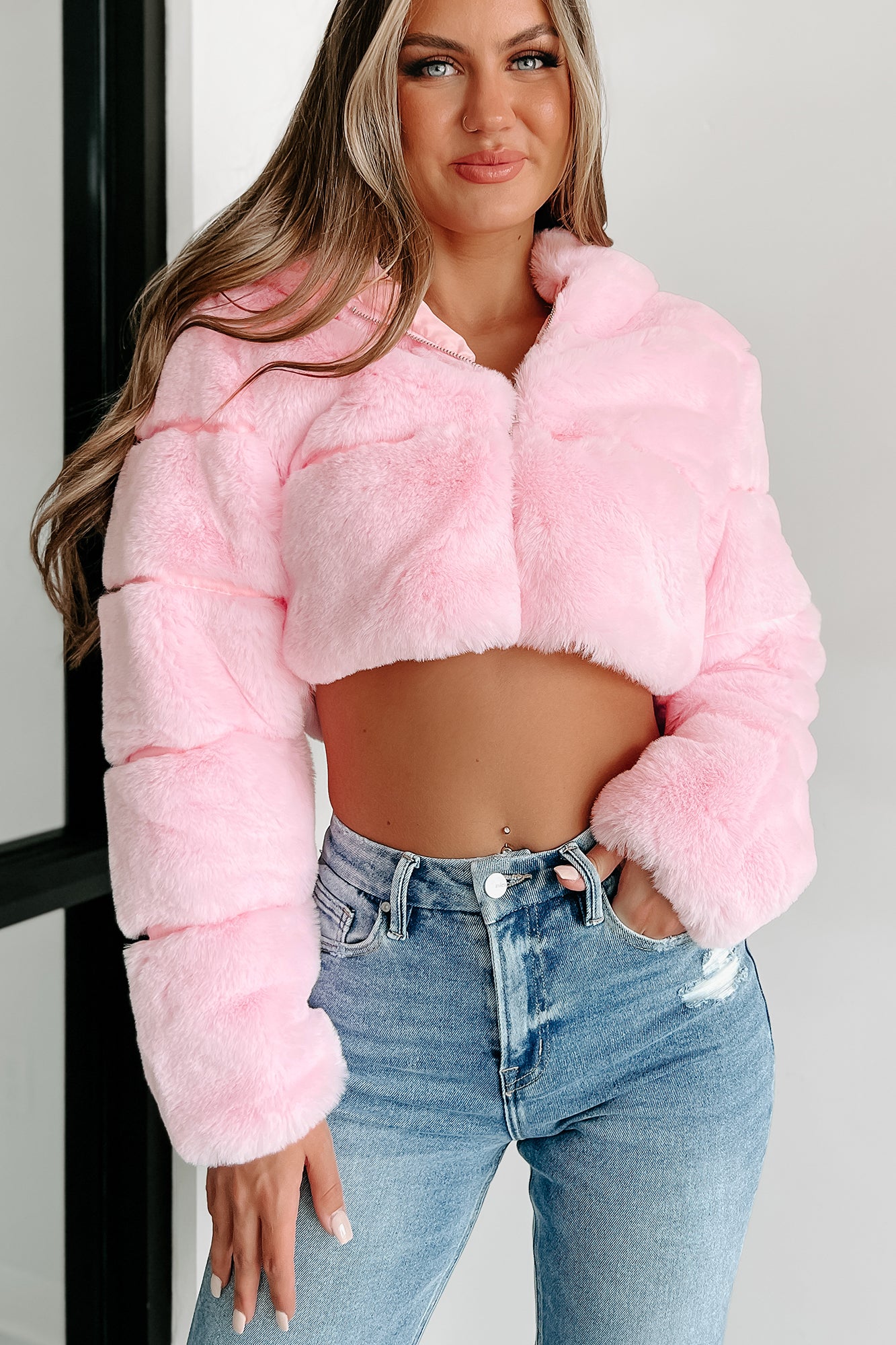 "It's So Fluffy" Faux Fur Crop Jacket (Pink) - NanaMacs