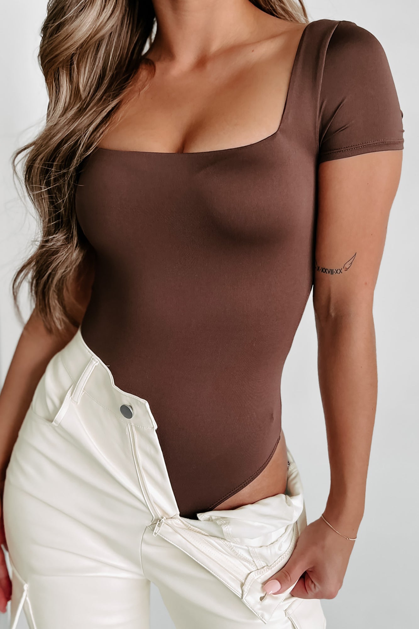 Simply Styled Short Sleeve Square Neck Bodysuit (Coffee Bean) - NanaMacs