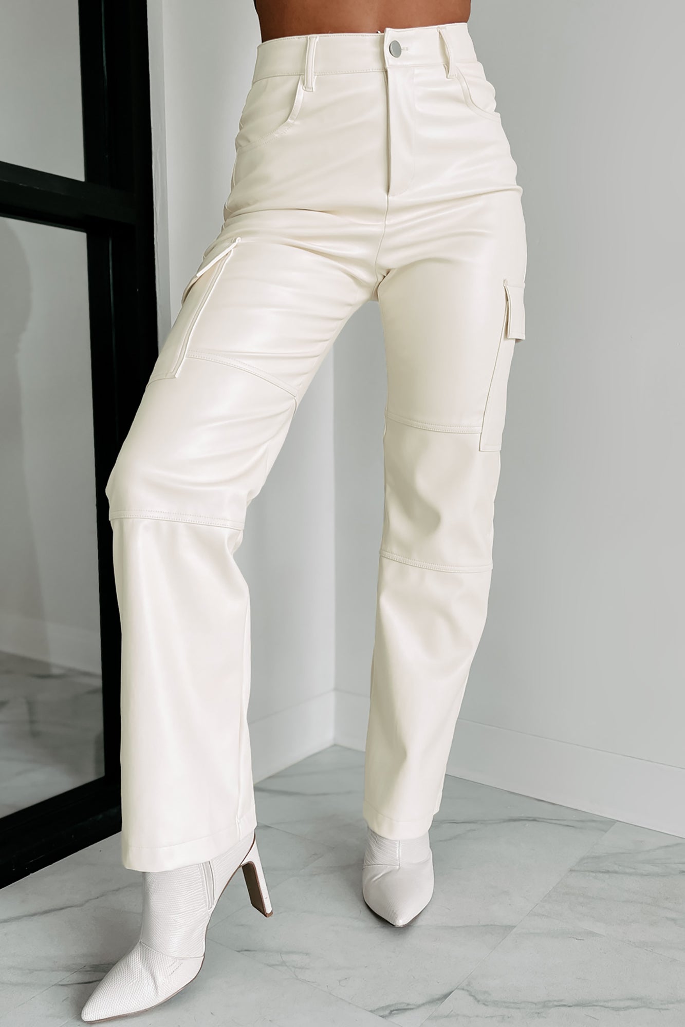 On A Power Trip Faux Leather Cargo Pants (Ivory)