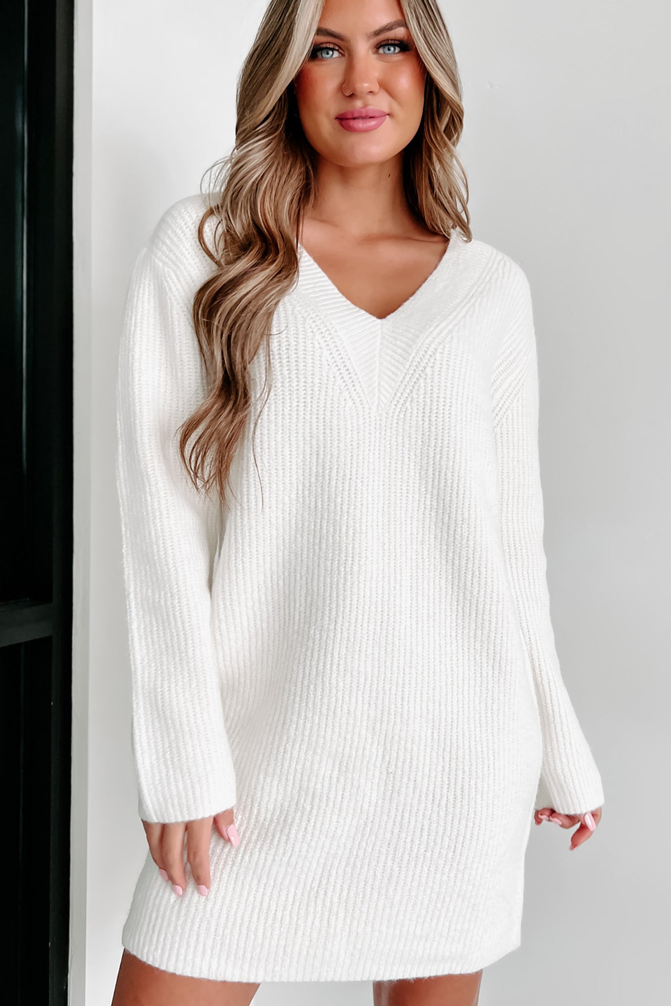 V neck 2024 knit sweater dress