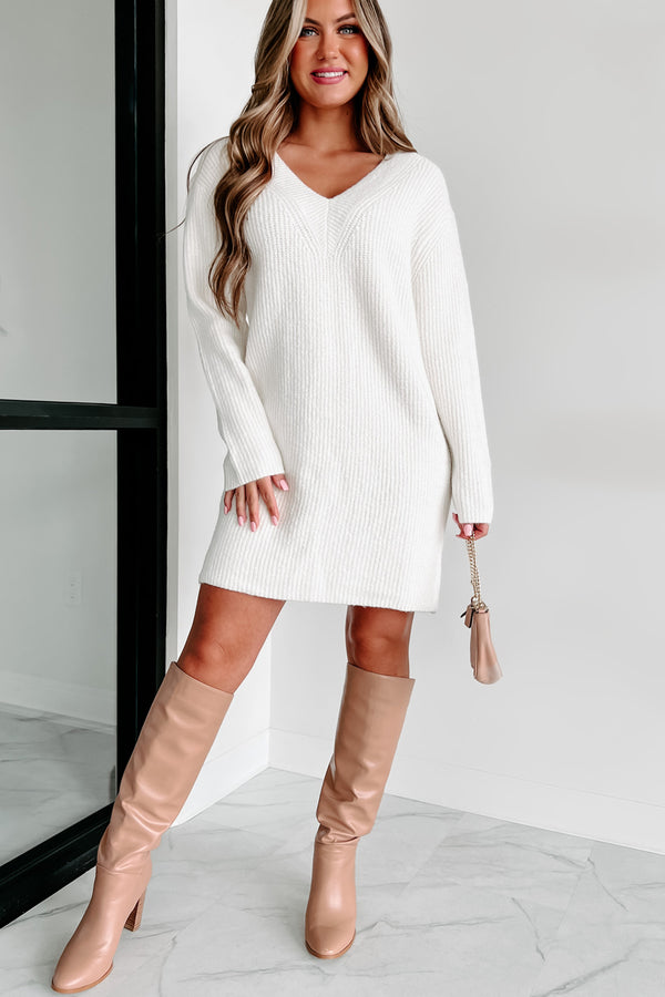 Winter Essential V-Neck Sweater Dress (Ivory) - NanaMacs