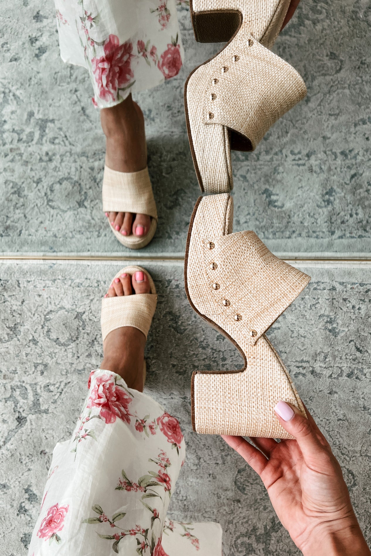 Coastal Classic Studded Platform Sandals (Beige Raffia) - NanaMacs