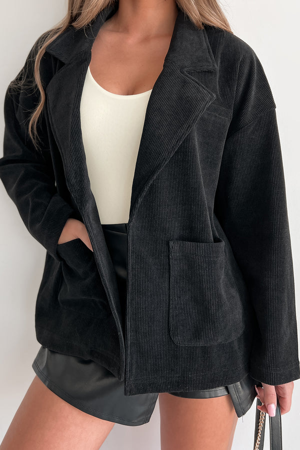 Wandering Thoughts Oversized Ribbed Blazer Jacket (Black) - NanaMacs