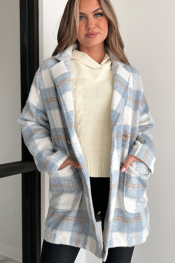 Spreading Thanks Brushed Fleece Plaid Peacoat (Light Blue) - NanaMacs