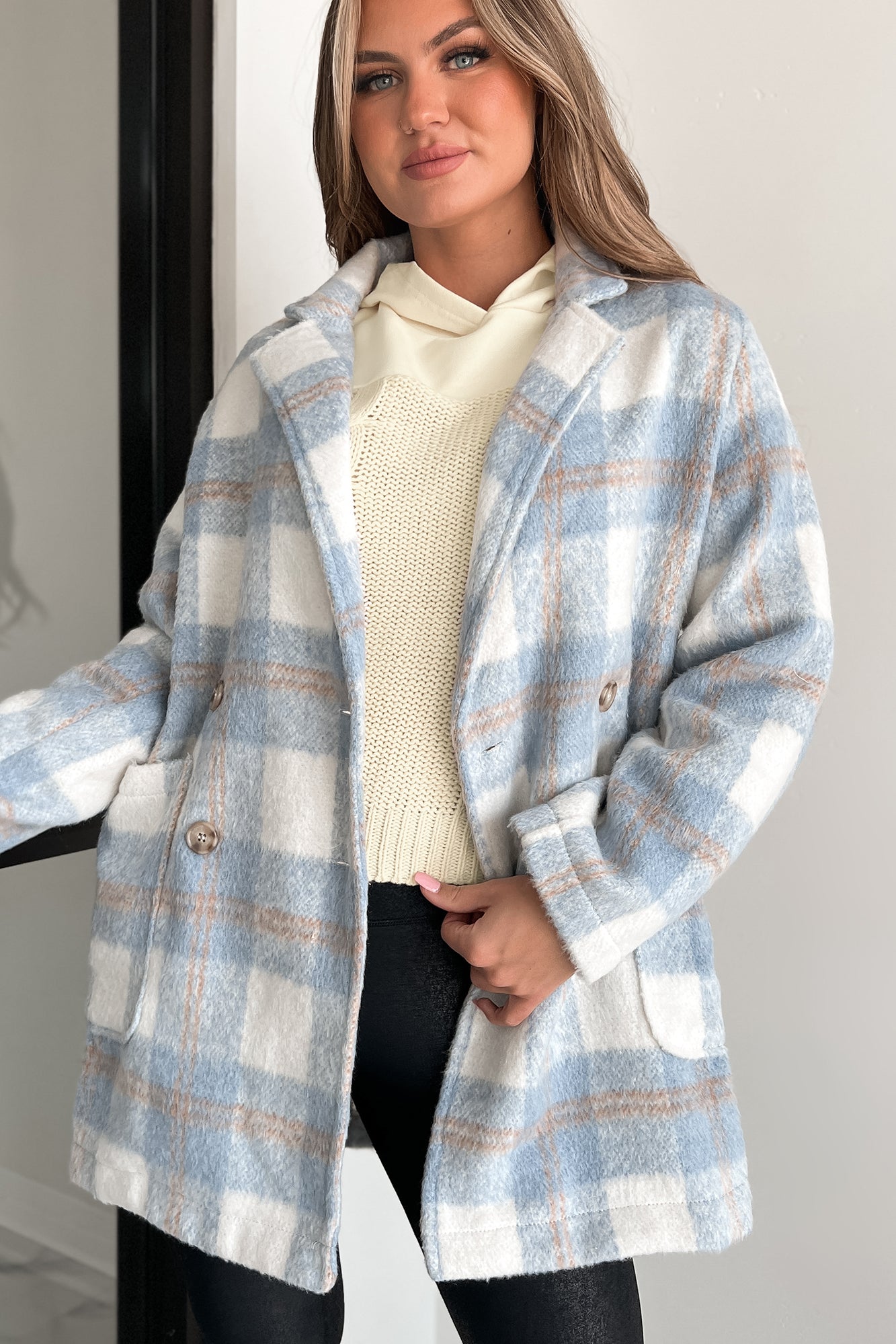 She Sky Women s Spreading Thanks Brushed Fleece Plaid Peacoat in Light Blue Size L