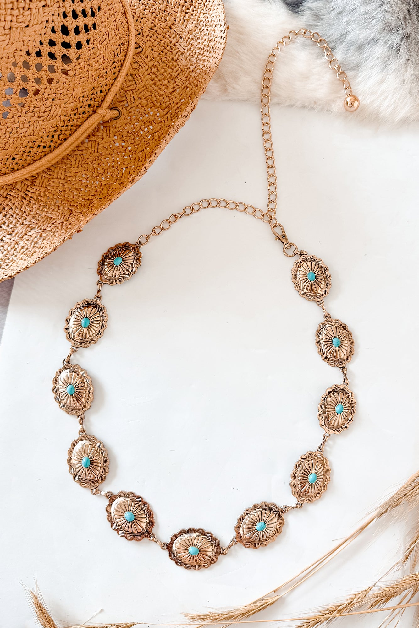 Vibing Loud Turquoise Stone Concho Chain Belt (Gold) - NanaMacs